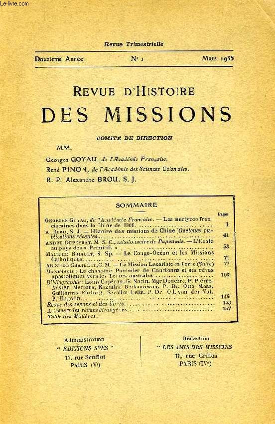 REVUE D'HISTOIRE DES MISSIONS, 12e ANNEE, N 1, MARS 1935