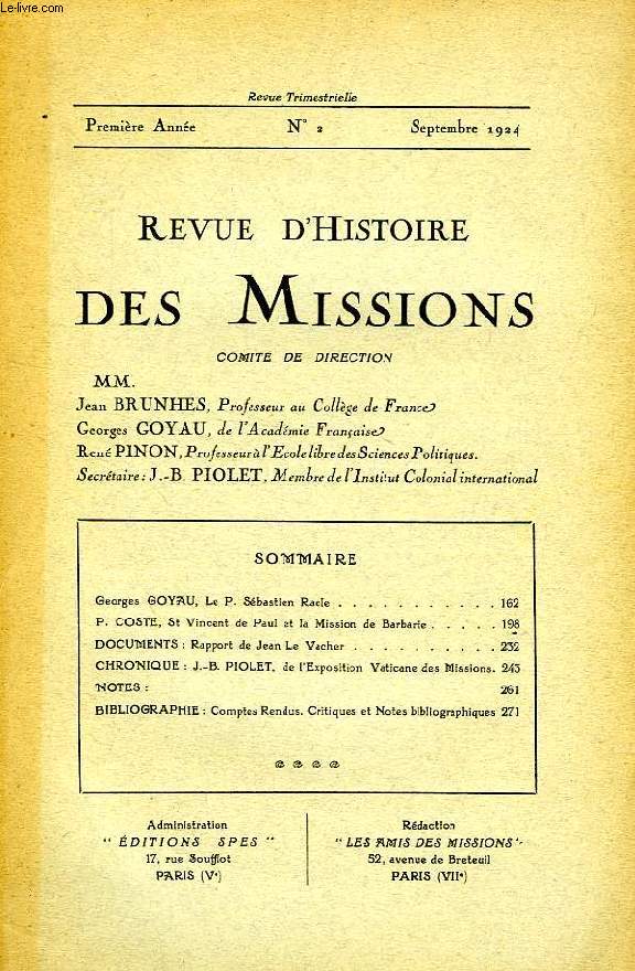 REVUE D'HISTOIRE DES MISSIONS, 1re ANNEE, N 2, SEPT. 1924