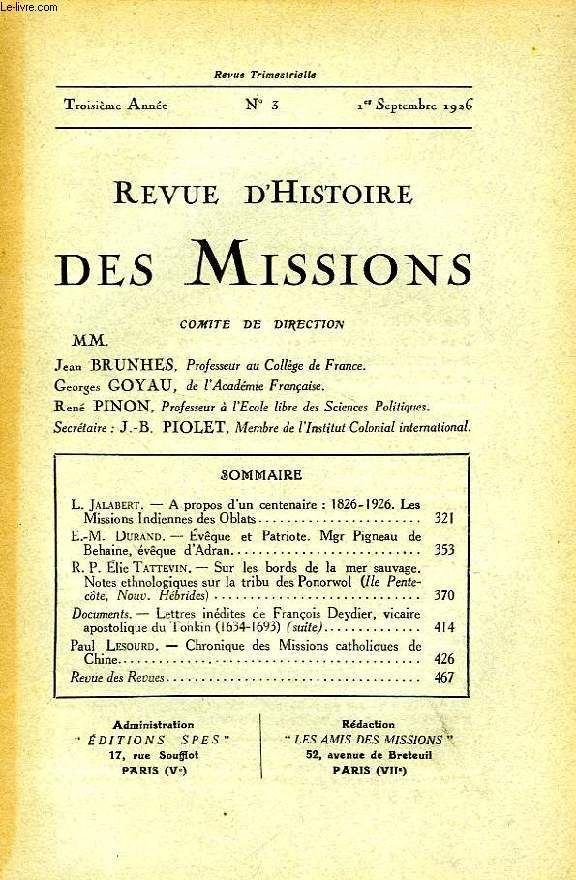 REVUE D'HISTOIRE DES MISSIONS, 3e ANNEE, N 3, SEPT. 1926