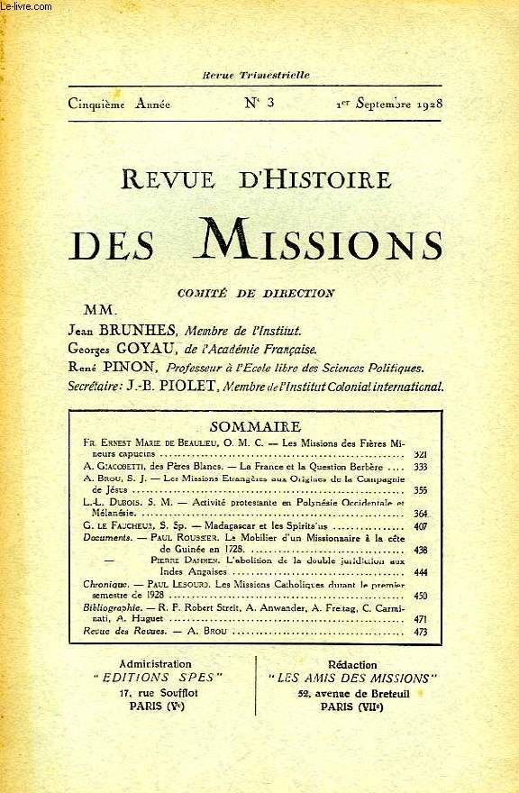 REVUE D'HISTOIRE DES MISSIONS, 5e ANNEE, N 3, SEPT. 1928