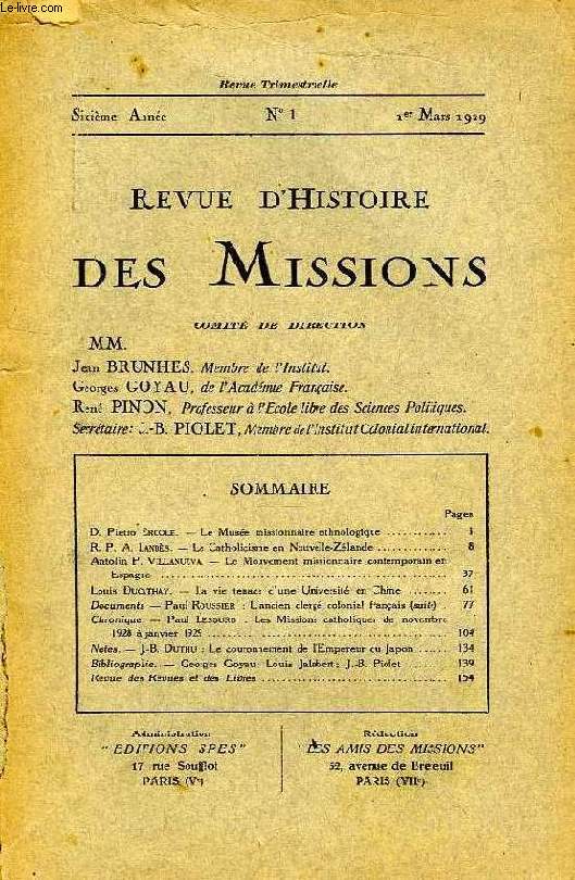 REVUE D'HISTOIRE DES MISSIONS, 6e ANNEE, N 1, MARS 1928