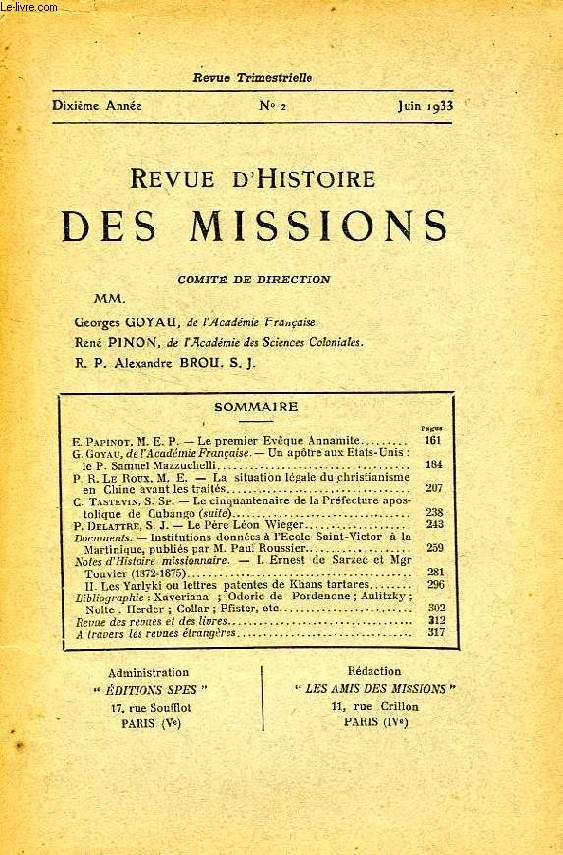 REVUE D'HISTOIRE DES MISSIONS, 10e ANNEE, N 2, JUIN 1933