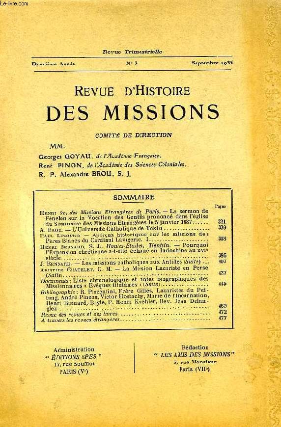 REVUE D'HISTOIRE DES MISSIONS, 12e ANNEE, N 3, SEPT. 1935