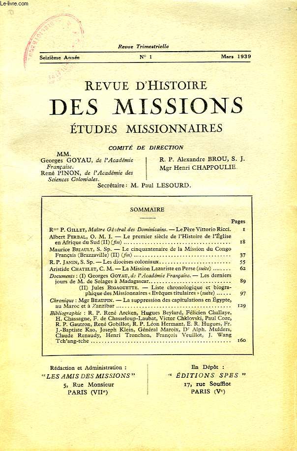 REVUE D'HISTOIRE DES MISSIONS, 16e ANNEE, N 1, MARS 1939