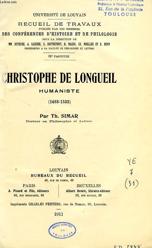 CHRISTOPHE DE LONGUEIL HUMANISTE (1488-1522)