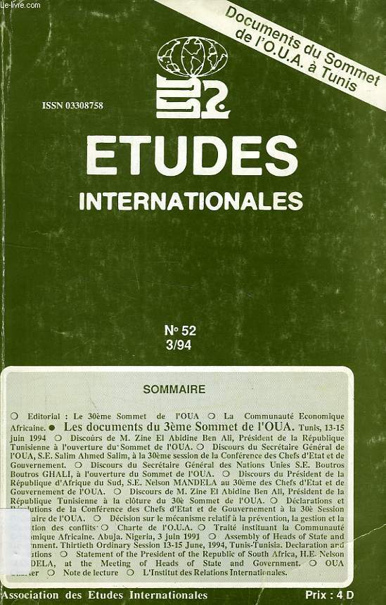 ETUDES INTERNATIONALES, N 52, 3/94, DOCUMENTS DU SOMMET DE L'OUA A TUNIS