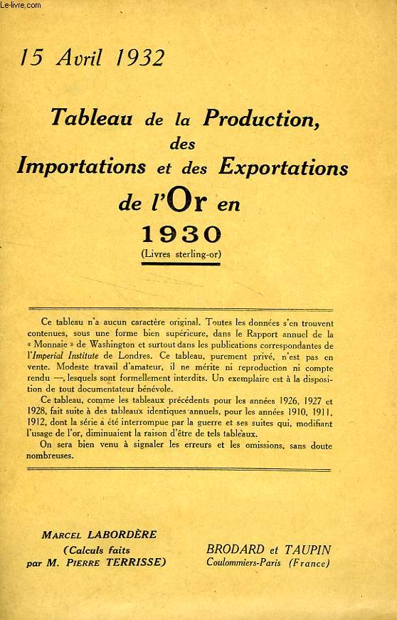 TABLEAU DE LA PRODUCTION, DES IMPORTATIONS ET DES EXPORTATIONS DE L'OR EN 1930 (LIVRES STERLING-OR)
