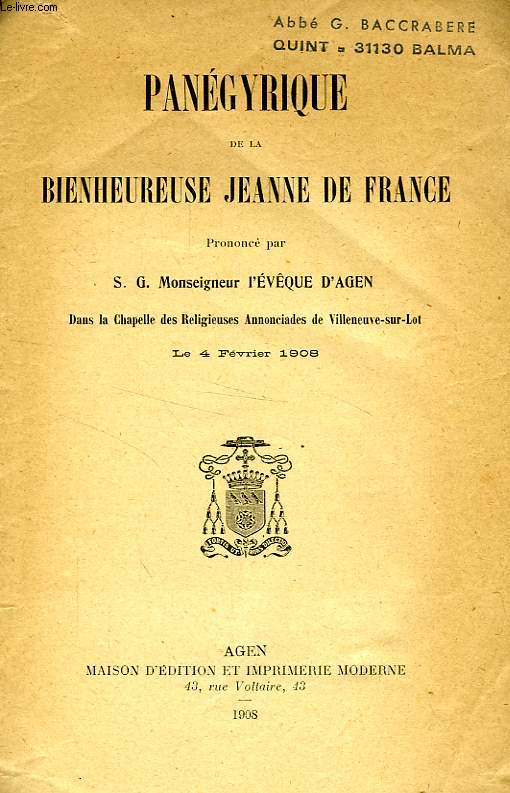 PANEGYRIQUE DE LA BIENHEUREUSE JEANNE DE FRANCE
