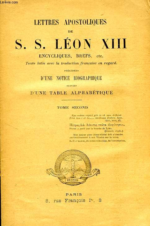 LETTRES APOSTOLIQUES DE S.S. LEON XIII, ENCYCLIQUES, BREFS, ETC., TOME II