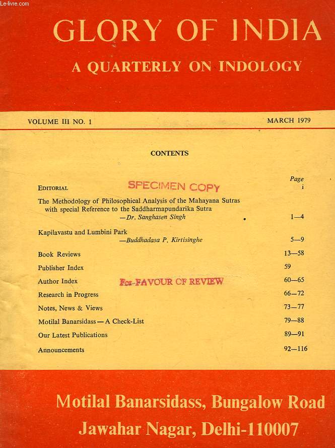 GLORY OF INDIA, A QUARTERLY ON INDOLOGY, VOL. III, N 1, MARCH 1979