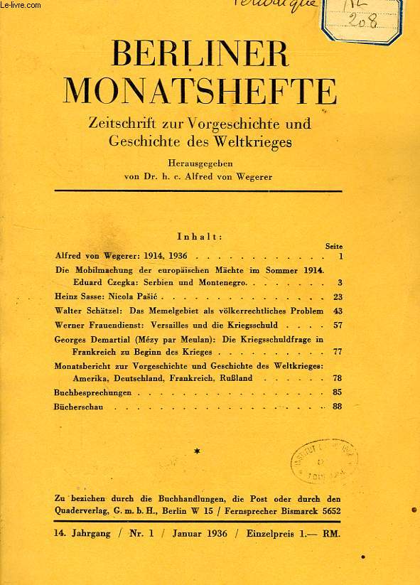 BERLINER MONATSHEFTE, 14. JAHRGANG, Nr. 1, JAN. 1936