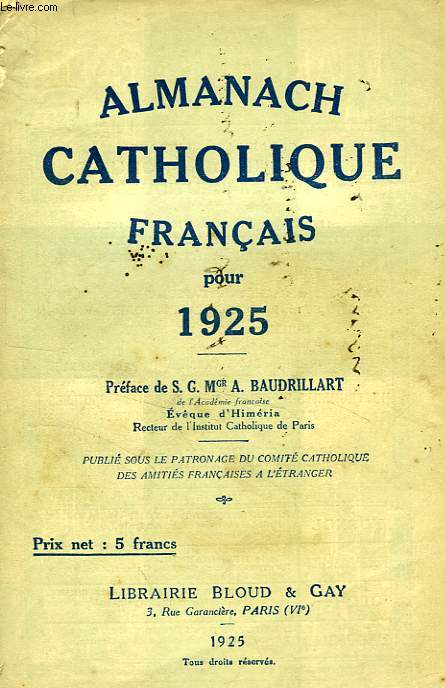 ALMANACH CATHOLIQUE FRANCAIS POUR 1925