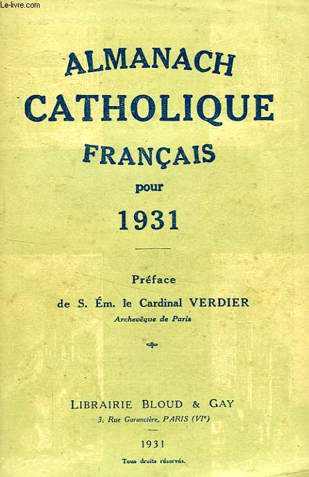 ALMANACH CATHOLIQUE FRANCAIS POUR 1931