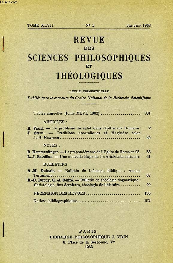 REVUE DES SCIENCES PHILOSOPHIQUES ET THEOLOGIQUES, TOME 47, N 1, JAN. 1963, EXTRAIT, BULLETIN DE THEOLOGIE BIBLIQUE, ANCIEN TESTAMENT