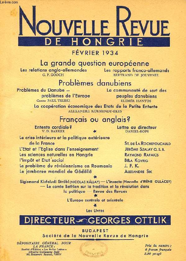 NOUVELLE REVUE DE HONGRIE, TOME L, 2e LIVRAISON, FEV. 1934