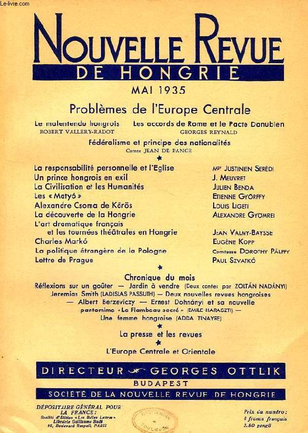NOUVELLE REVUE DE HONGRIE, TOME LII, 5e LIVRAISON, MAI 1935, PROBLEMES DE L'EUROPE CENTRALE