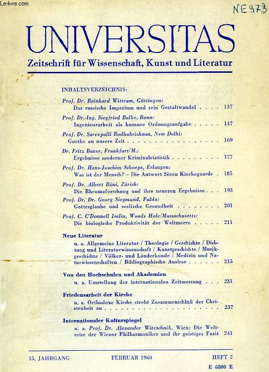 UNIVERSITAS, 15. JAHRGANG, HEFT 2, FEB. 1960, ZEITSCHRIFT FUR WISSENSCHAFT, KUNST UND LITERATUR