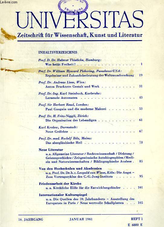 UNIVERSITAS, 16. JAHRGANG, HEFT 1, JAN. 1961, ZEITSCHRIFT FUR WISSENSCHAFT, KUNST UND LITERATUR