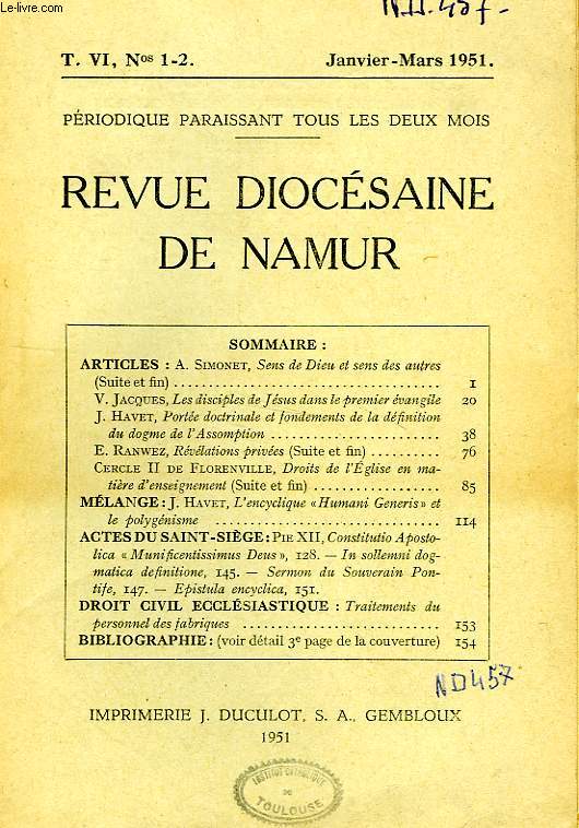 REVUE DIOCESAINE DE NAMUR, T. VI, N 1-2, JAN.-MARS 1951