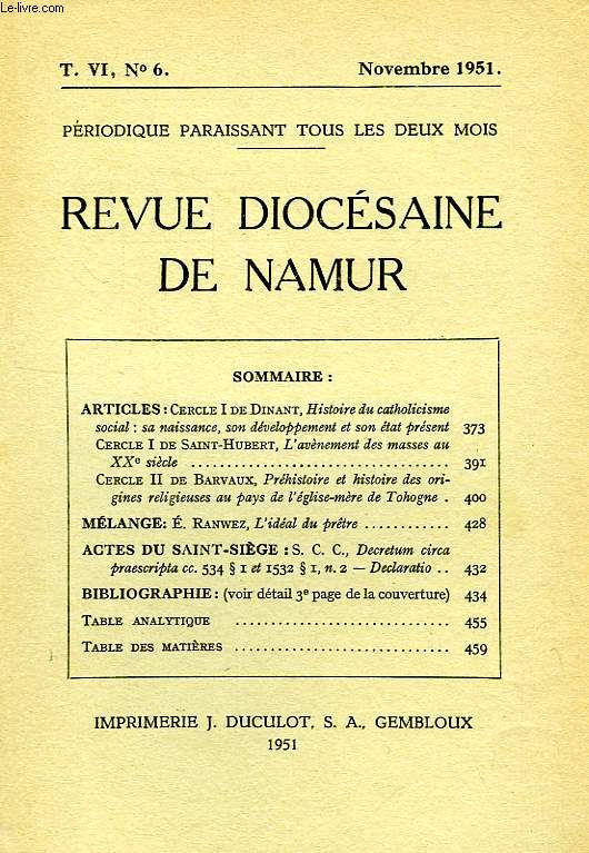 REVUE DIOCESAINE DE NAMUR, T. VI, N 6, NOV. 1951
