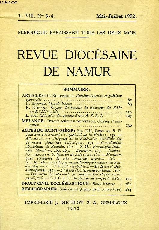 REVUE DIOCESAINE DE NAMUR, T. VII, N 3-4, MAI-JUILLET 1952