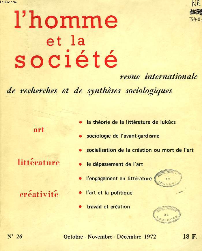 L'HOMME ET LA SOCIETE, N 26, OCT.-DEC. 1972, REVUE INTERNATIONALE DE RECHERCHES ET DE SYNTHESES SOCIOLOGIQUES