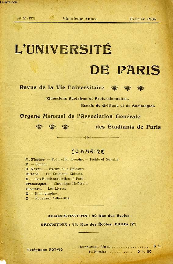 L'UNIVERSITE DE PARIS, 20e ANNEE, N 133, FEV. 1905