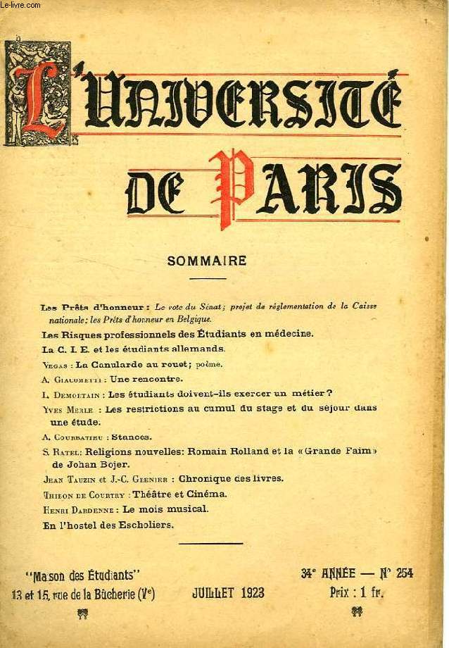 L'UNIVERSITE DE PARIS, 34e ANNEE, N 254, JUILLET 1923