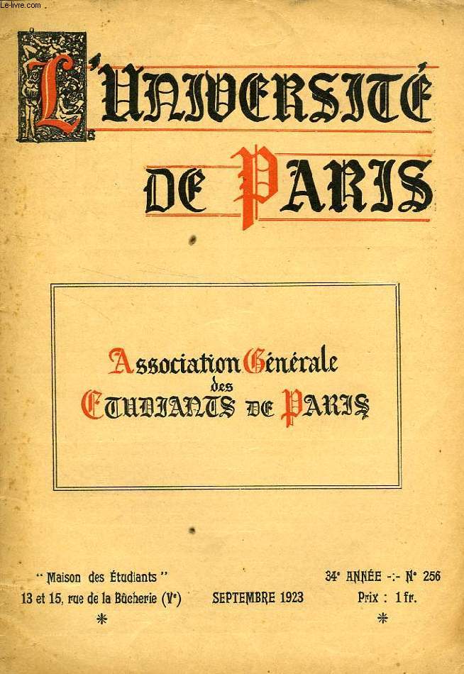 L'UNIVERSITE DE PARIS, 34e ANNEE, N 256, SEPT. 1923