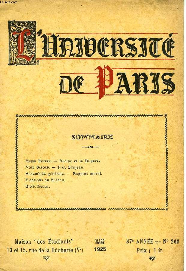 L'UNIVERSITE DE PARIS, 37e ANNEE, MARS 1925