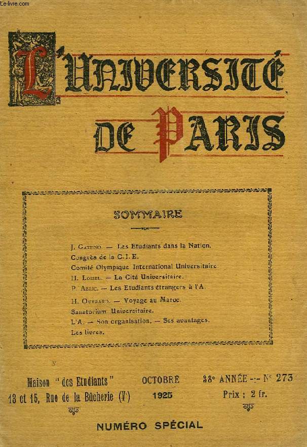 L'UNIVERSITE DE PARIS, 38e ANNEE, OCT. 1925