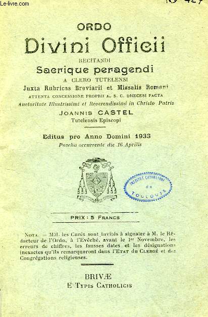 ORDO DIVINI OFFICII RECITANDI SACRIQUE PERAGENDI, 1933
