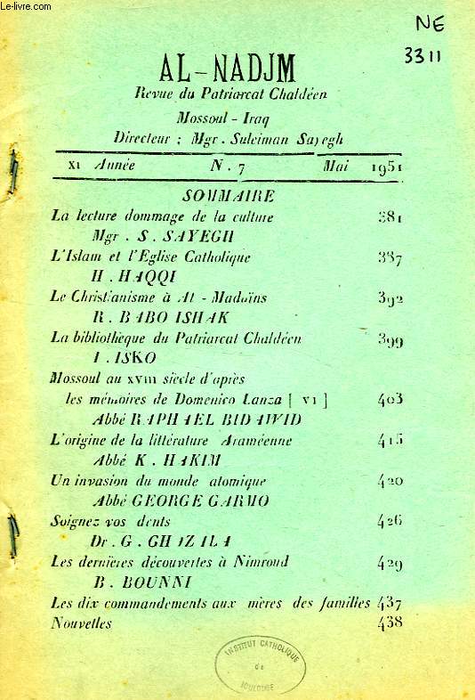 AL-NADJM, REVUE DU PATRIARCAT CHALDEEN, XIe ANNEE, N 7, MAI 1951