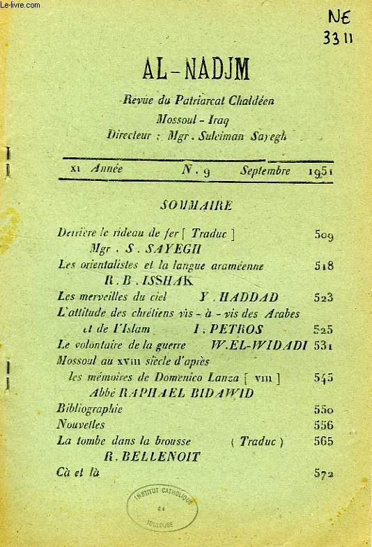 AL-NADJM, REVUE DU PATRIARCAT CHALDEEN, XIe ANNEE, N 9, SEPT. 1951