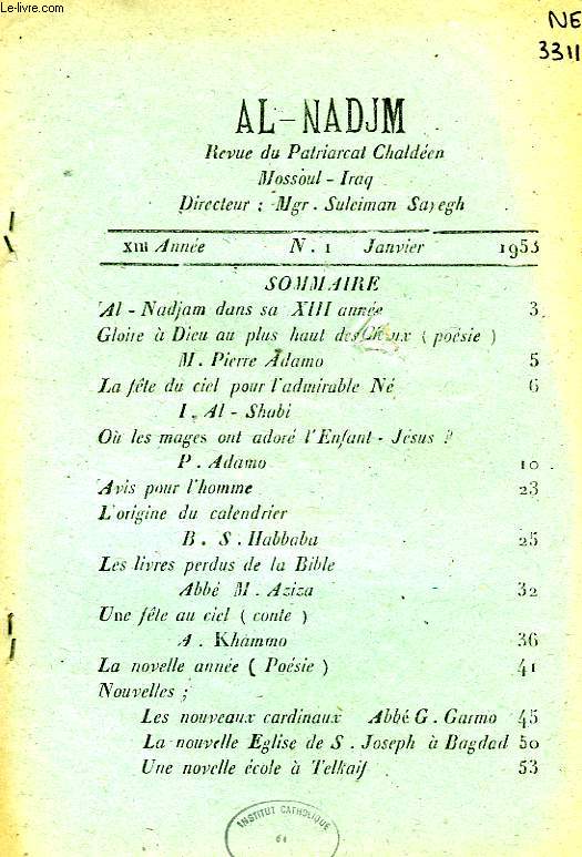 AL-NADJM, REVUE DU PATRIARCAT CHALDEEN, XIIIe ANNEE, N 1, JAN. 1953