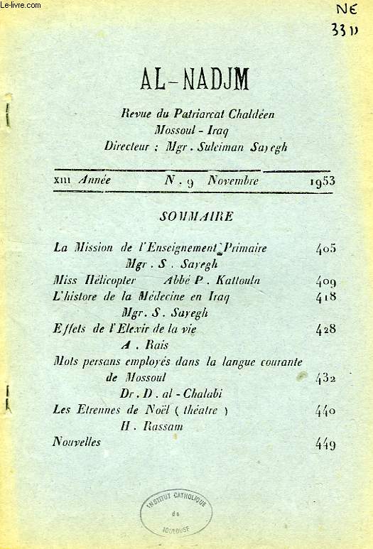 AL-NADJM, REVUE DU PATRIARCAT CHALDEEN, XIIIe ANNEE, N 9, NOV. 1953