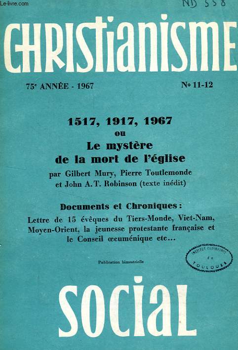 CHRISTIANISME SOCIAL, 75e ANNEE, 1967, N 11-12
