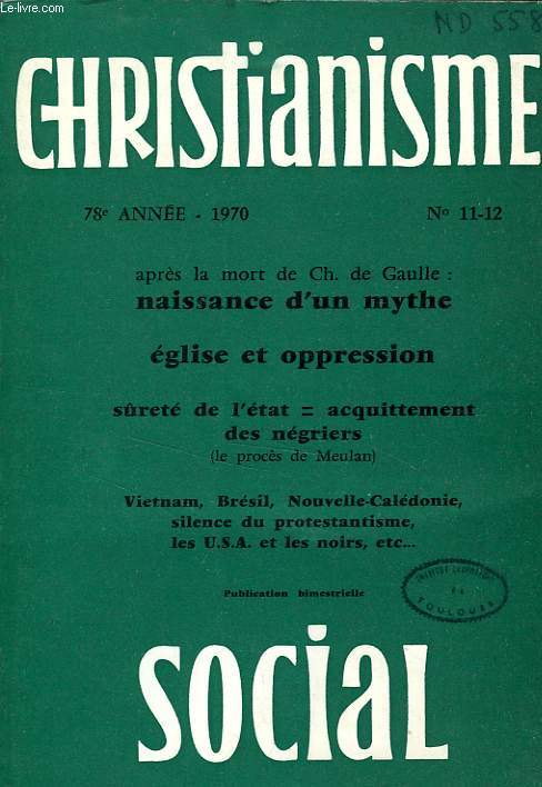 CHRISTIANISME SOCIAL, 78e ANNEE, 1970, N 11-12
