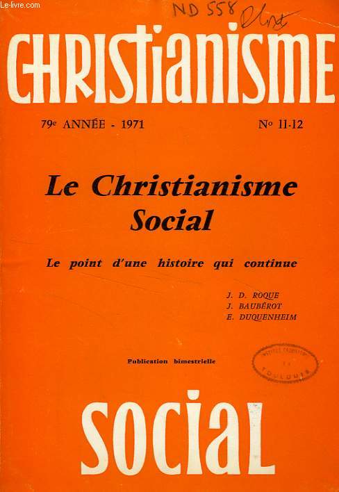 CHRISTIANISME SOCIAL, 79e ANNEE, 1971, N 11-12