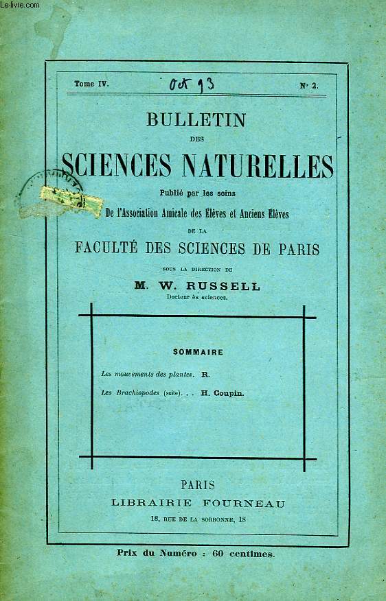 BULLETIN DES SCIENCES NATURELLES DE LA FACULTE DES SCIENCES DE PARIS, TOME IV, N 2, OCT. 1893