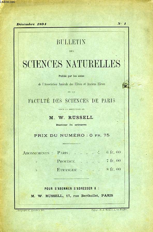 BULLETIN DES SCIENCES NATURELLES DE LA FACULTE DES SCIENCES DE PARIS, N 1, DEC. 1894