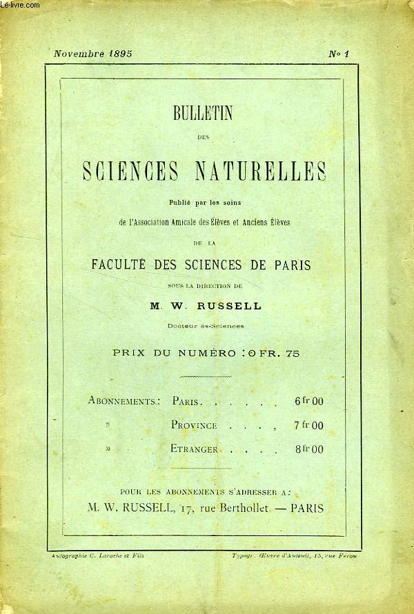 BULLETIN DES SCIENCES NATURELLES DE LA FACULTE DES SCIENCES DE PARIS, N 1, NOV. 1895