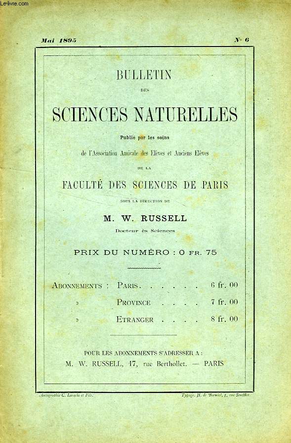 BULLETIN DES SCIENCES NATURELLES DE LA FACULTE DES SCIENCES DE PARIS, N 6, MAI 1895