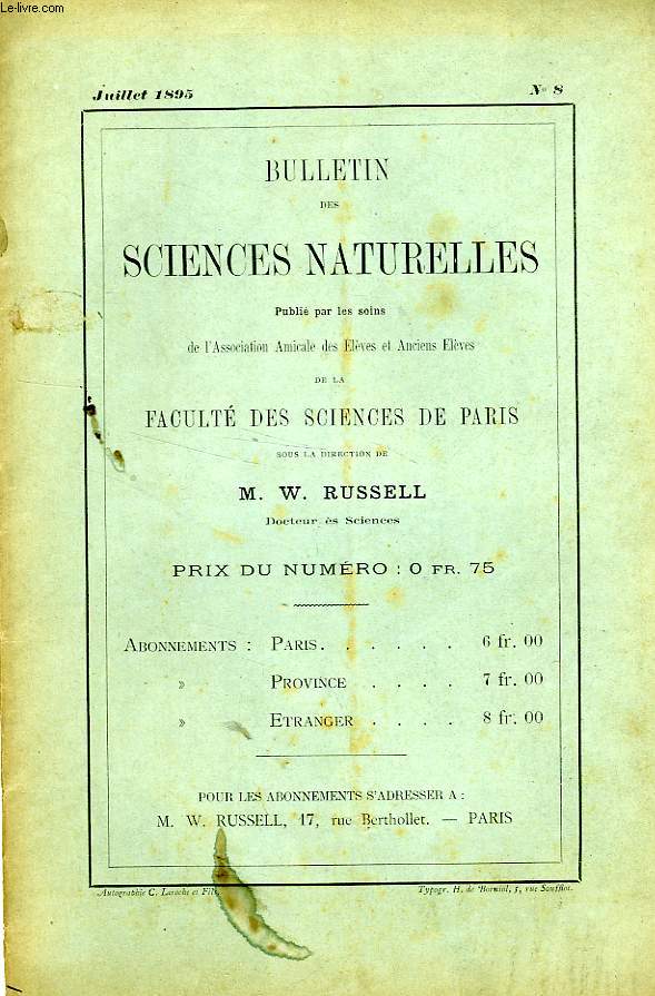 BULLETIN DES SCIENCES NATURELLES DE LA FACULTE DES SCIENCES DE PARIS, N 8, JUILLET 1895