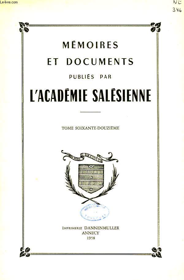 MEMOIRES ET DOCUMENTS PUBLIES PAR L'ACADEMIE SALESIENNE, TOME 72, 1958