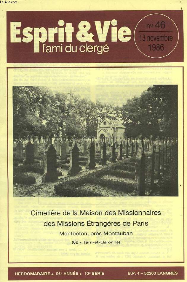 ESPRIT ET VIE, L'AMI DU CLERGE, 96e ANNEE, N 46, NOV. 1986