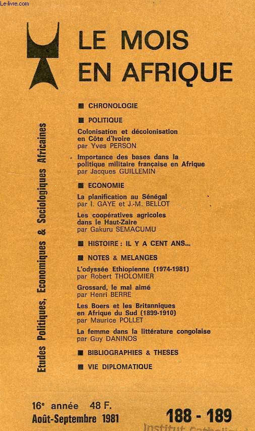 LE MOIS EN AFRIQUE, 16e ANNEE, N 188-189, AOUT-SEPT. 1981