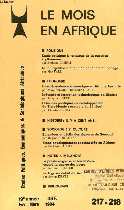 LE MOIS EN AFRIQUE, 19e ANNEE, N 217-218, FEV.-MARS 1984