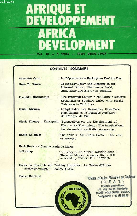 AFRIQUE ET DEVELOPPEMENT, AFRICA DEVELOPMENT, VOL. XI, N 1, JAN.-MARS 1986