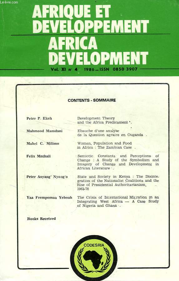 AFRIQUE ET DEVELOPPEMENT, AFRICA DEVELOPMENT, VOL. XI, N 4, 1986